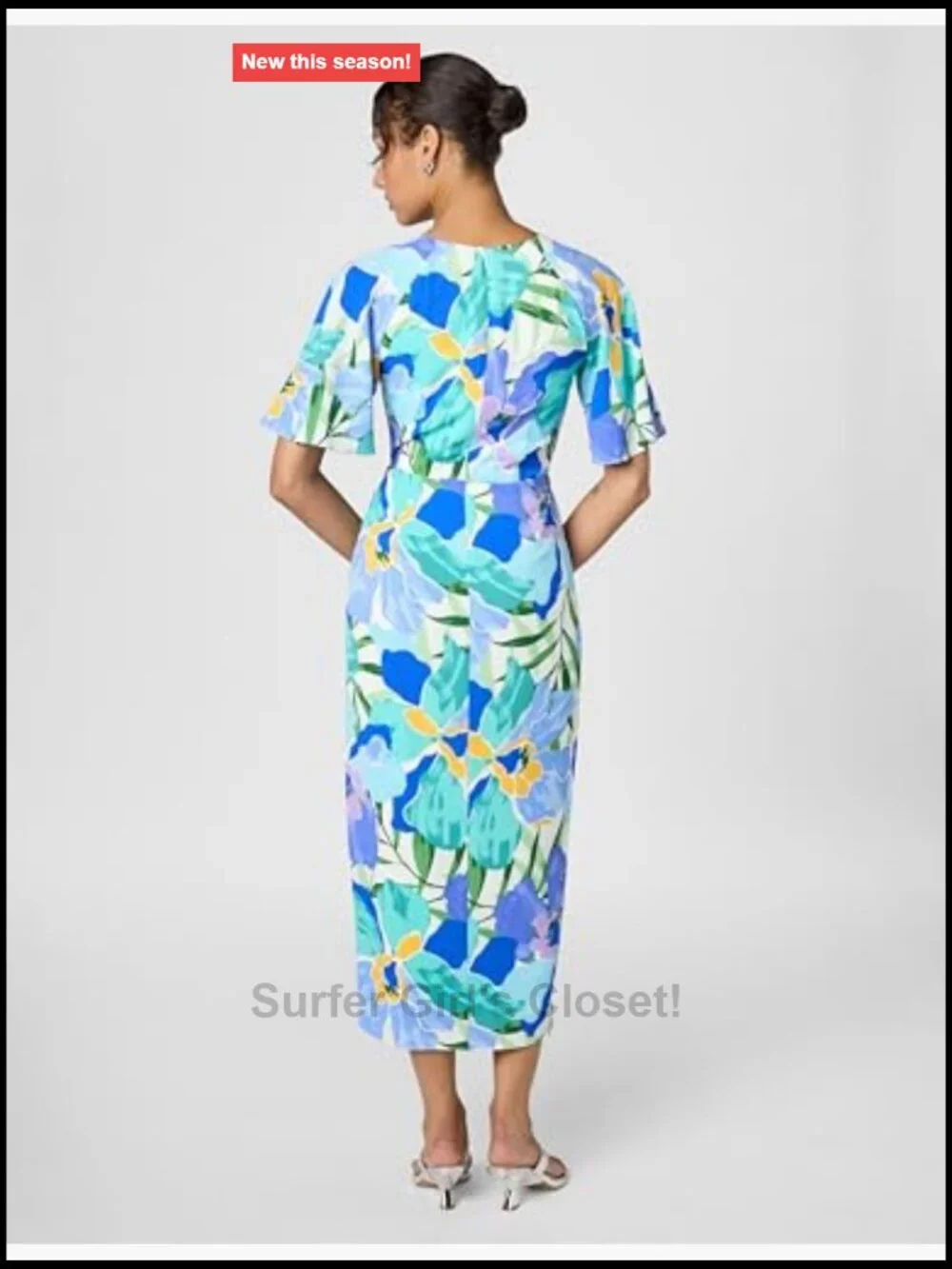 Women's Short Flutter Sleeve Faux Wrap Midi Dress Polyester Spandex Floral